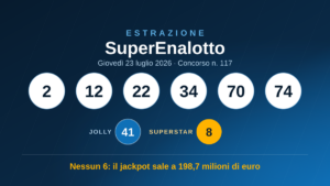 Estrazione SuperEnalotto di giovedì 23 luglio 2026: 2, 12, 22, 34, 70, 74 — Jolly 41, SuperStar 8