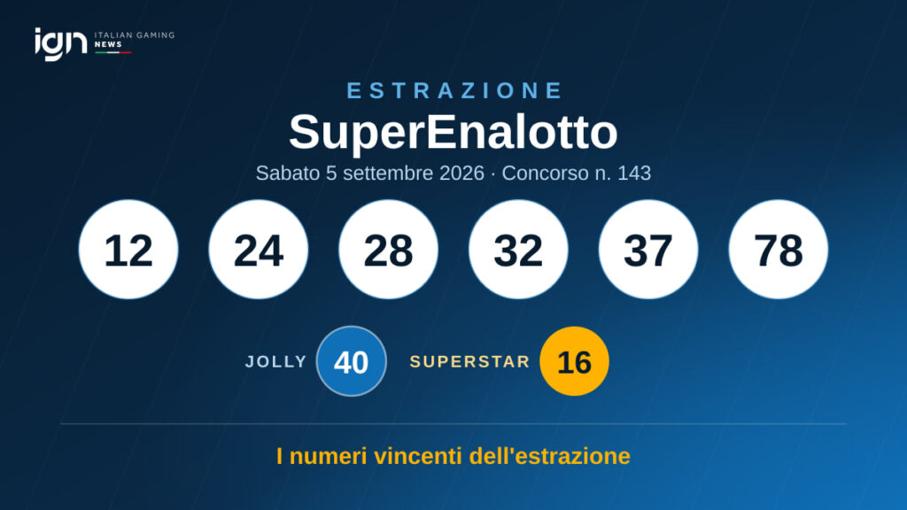 Estrazione SuperEnalotto di sabato 5 settembre 2026: 12, 24, 28, 32, 37, 78 — Jolly 40, SuperStar 16